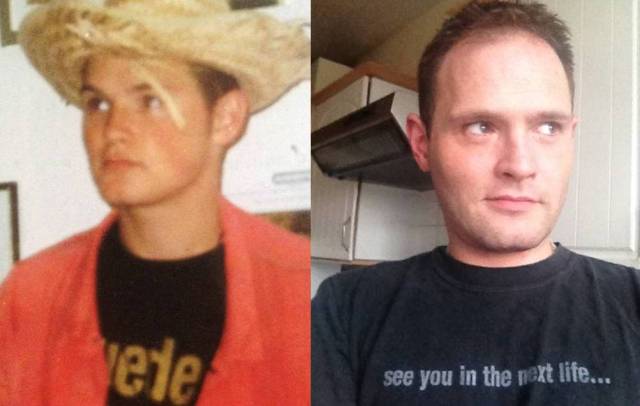 Portrait of the Suedehead as a young man of 16 and an older man of 36. Note the t shirts.